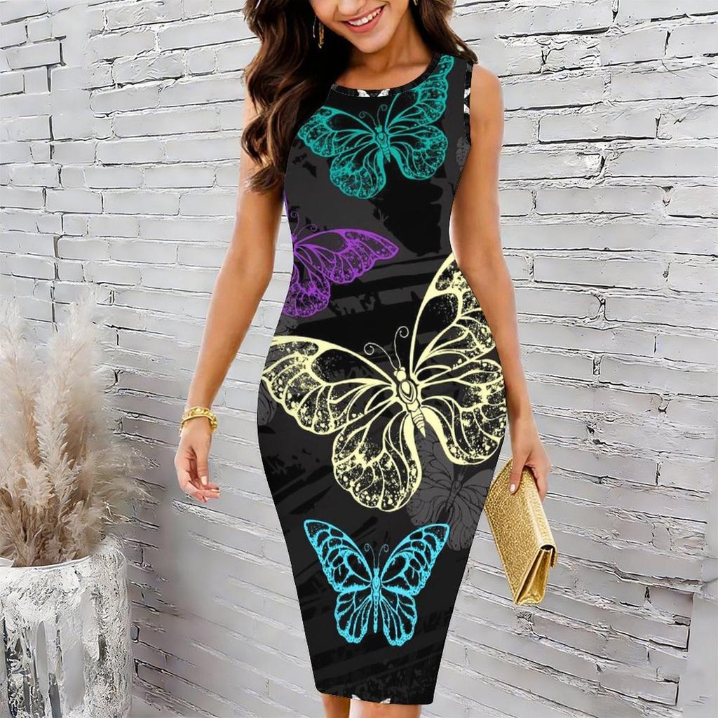 Women Plus Size Crew Neck Sleeveless Midi Dress Oil Painting Style Daisy Butterfly Floral Print Bodycon Dress