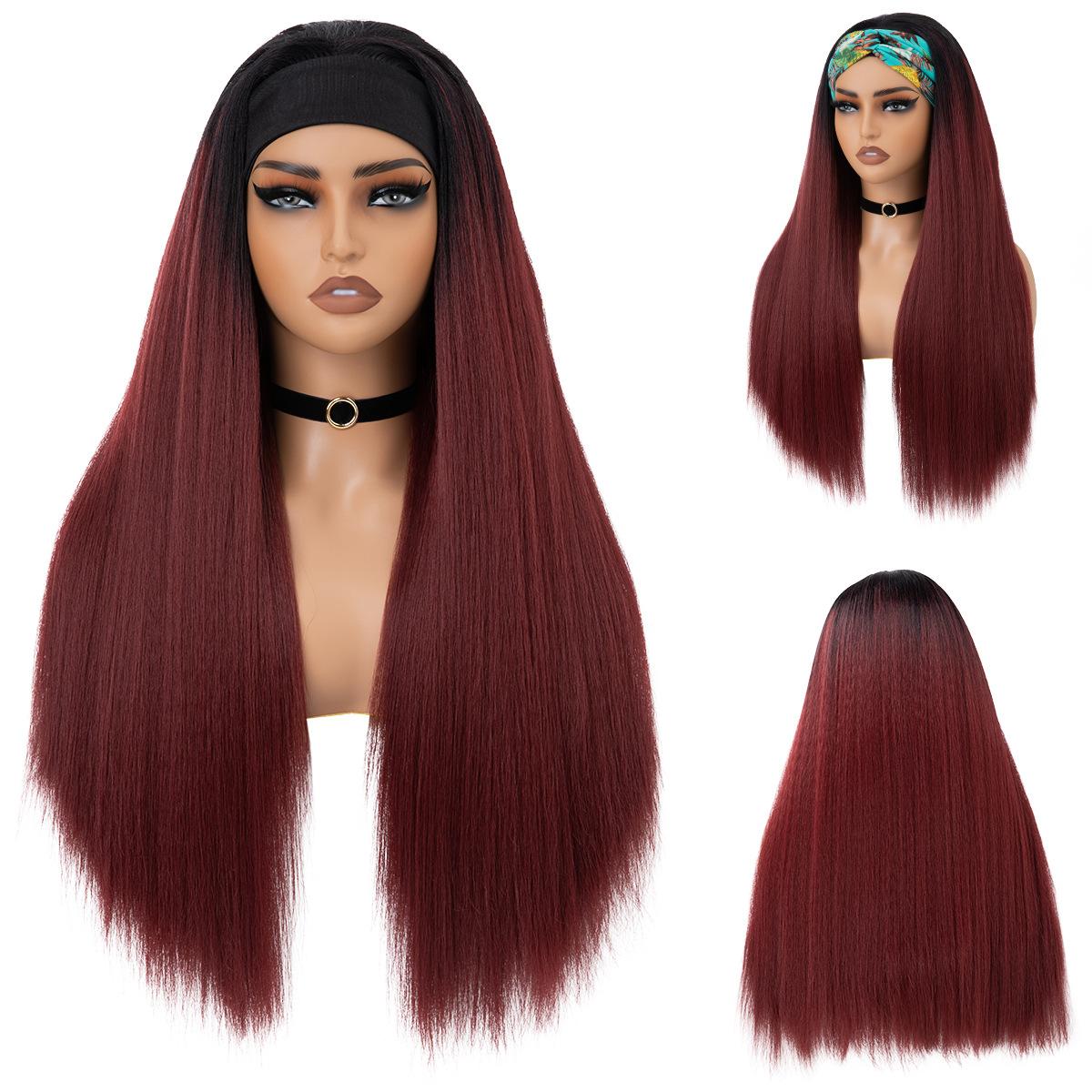 

Женский черный длинный синтетический парик для ежедневного использования, естественный пушистый прямой парик в стиле яки с повязкой на голове вино красного