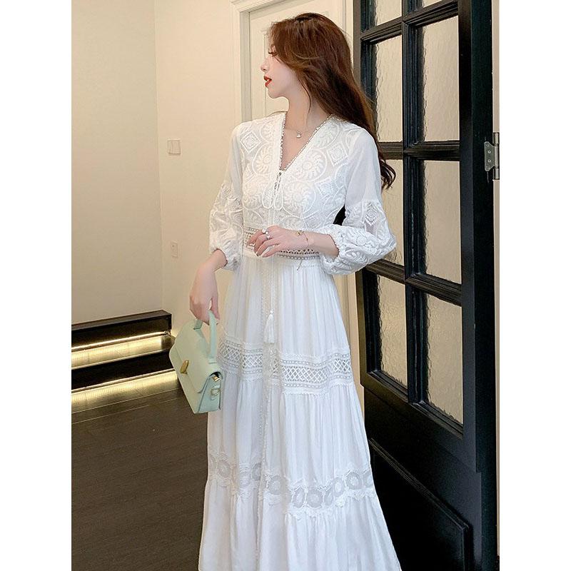 Women Spring Summer Casual Long Dress Floral Print Lace V-Neck Long Sleeve Dress Fashion Holiday Maxi Dress Elegant Classics Versatility
