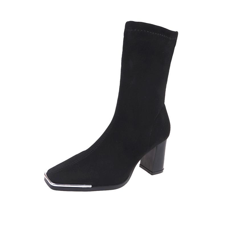 

Осень новые тонкие модные сапоги женские 2025 замшевые короткие сапоги женские толстые квадратные каблуки средней высоты эластичные носки сапоги сапоги на высоком каблуке 37 чёрный