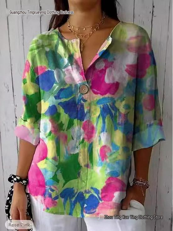 Spring & Autumn Women's V-neck Button Casual Top