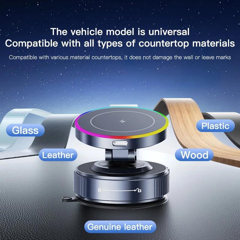 15W Magnetic Car Wireless Charger Vacuum Suction Bracket Phone Holder for Magsafe iPhone 17 16 15 14 13 12 Fast Charging Station