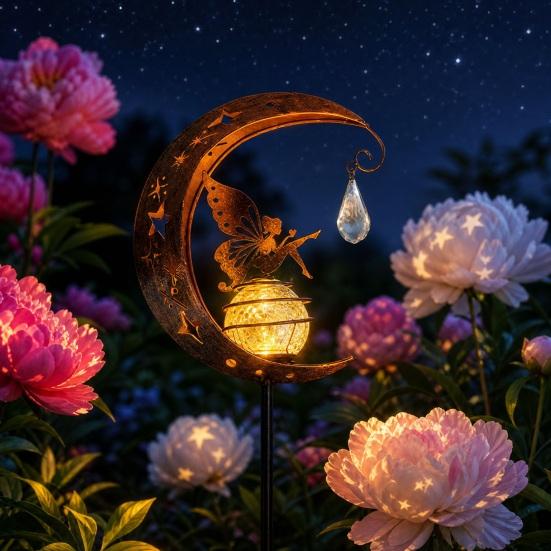 Hummingbird Moon Solar Light, Metal Crescent with Crackle Glass Ball Garden Stake, Solar Pathway Light for Yard Patio Lawn Outdoor Decor