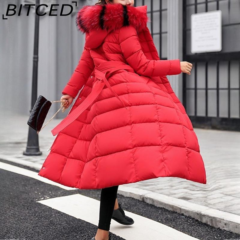 

BITCED Winter Women s Cotton Coat - Extended Length with Large Fur Collar Thickened Long-Length Women s Down-Filled Cotton Jacket M красный