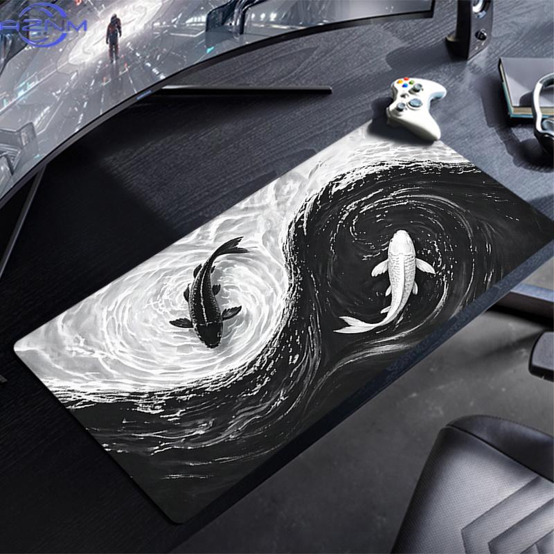 Oriental Aesthetic Mouse Pad Waterproof Nonslip Blackwhite Swirling Water Yinyang Koi Design Mousepad For Home Workspace