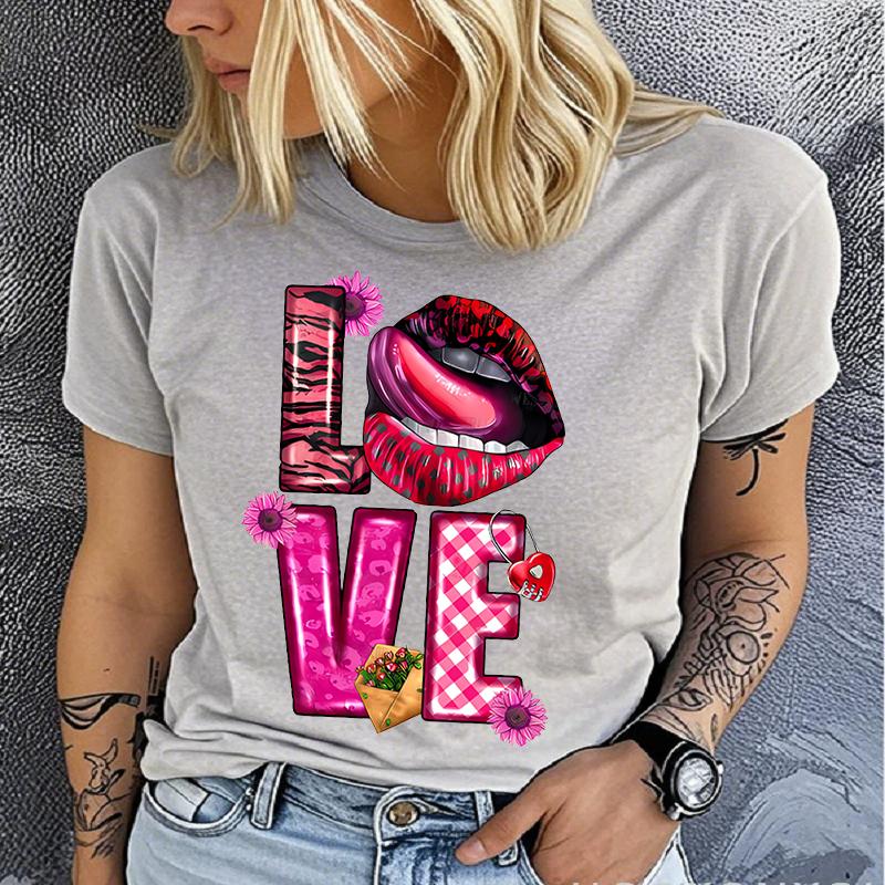 Polyester 100% Lip Love Men's and Women's Short-sleeved Clothing Round Neck Short Sleeve T-shirt, Knit Graphic Women Clothes Summer