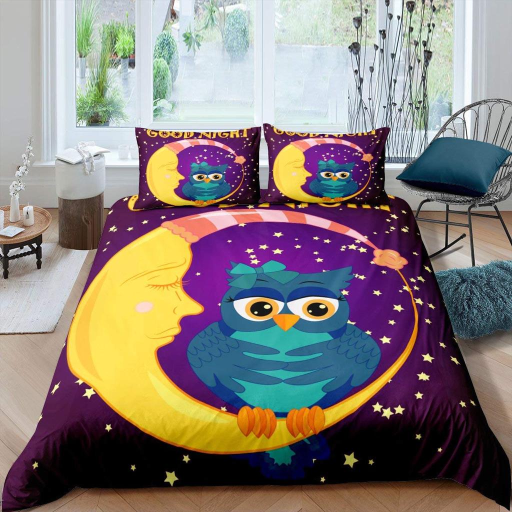 Cartoon Owl King Queen Duvet Cover Gray Cute Animal Bedding Set Pink Orange Grey Flowers Comforter Cover Polyester Quilt Cover