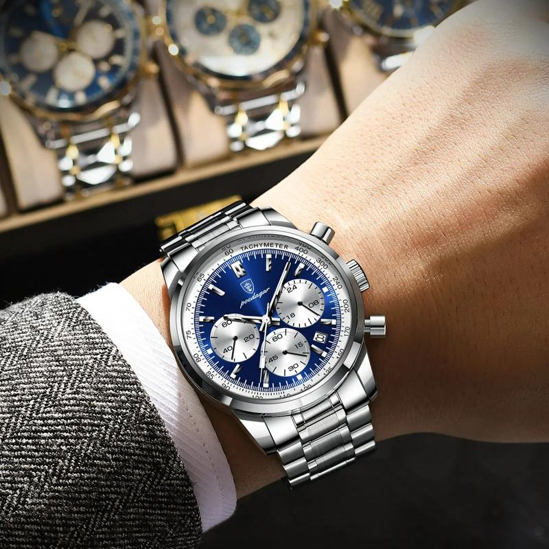 POEDAGAR Luxus Herrenuhr Wasserdicht Chronograph Leuchtende Armbanduhr Edelstahl Herren Quarz Uhr Lässige Uhr