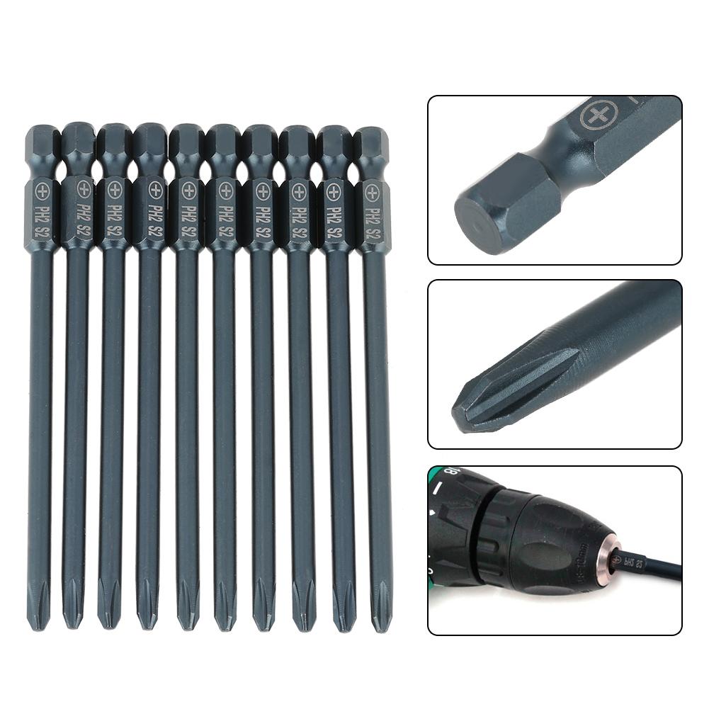10pcs S2 Steel Cross Head PH2 Screwdriver Bits Set 14inch Hex Shank 100mm