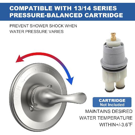 Replacement for D Faucet 13 Series Single-Function Shower Valve Trim Kit, Shower Handle, Brushed Nickel Shower Trim Kit T13020-SS (Cartridge and