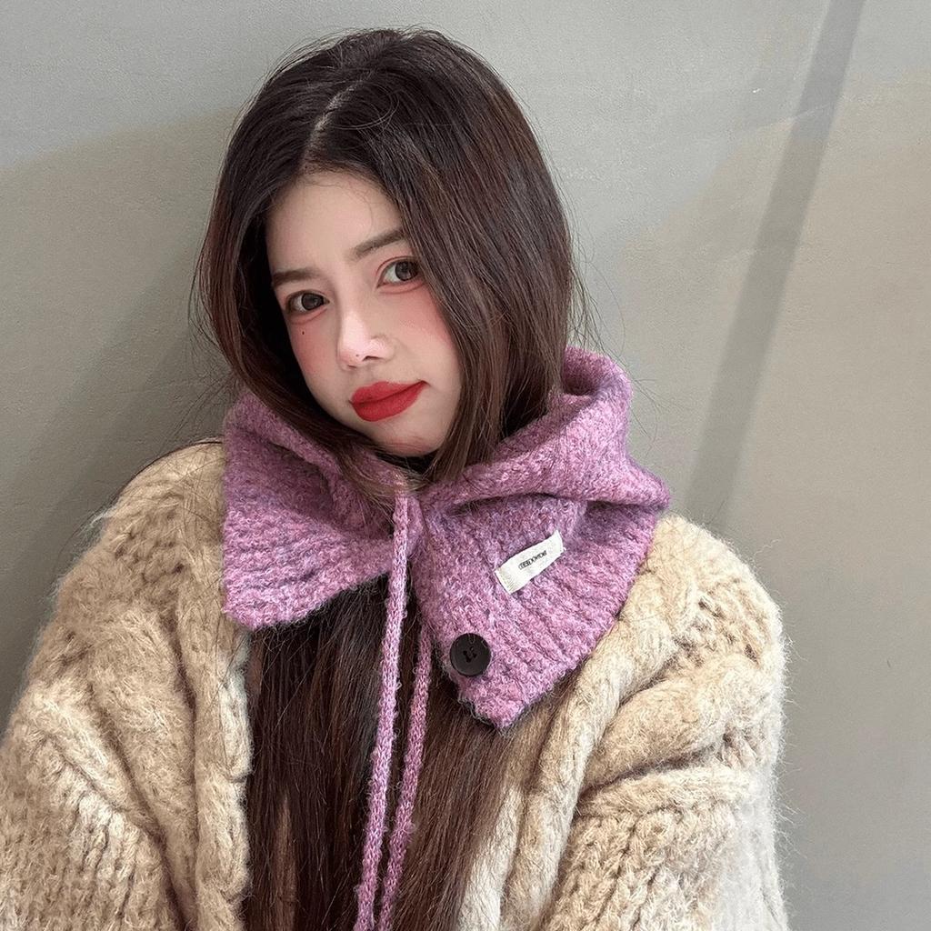 Autumn and Winter New Korean Style Anti Aging Balacala Cap Buttoned Scarf Cap One Piece Women's Ear Protecting and Warm Knitted Cap