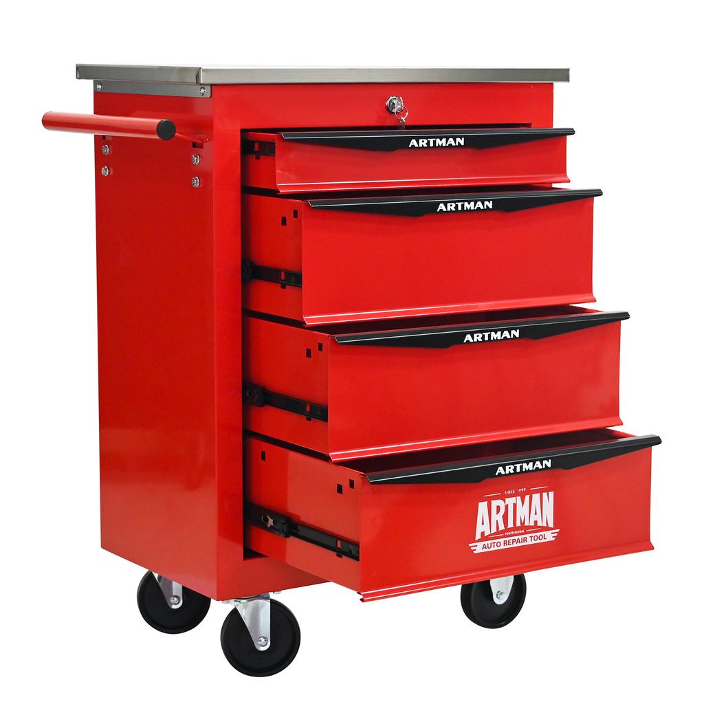 4-Drawer Multifunctional Tool Trolley with Casters, for Garage, Workshop, Warehouse and Repair Shop – with Stainless Steel Worktop – Color: Red