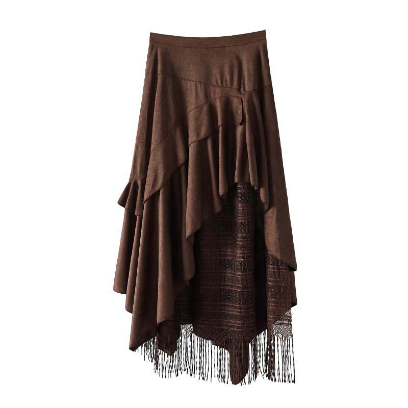 Wildleder-Spitzenrock Damen Hohe Taille Vintage Locker Lang
