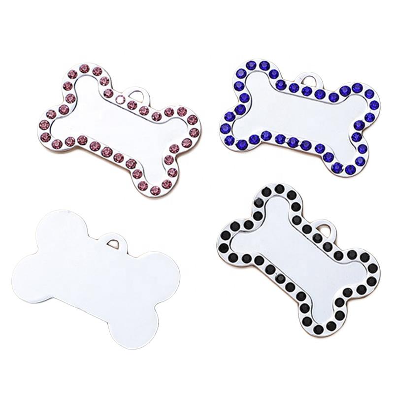Custom Dog & Cat Name Tags with Bling-bling Rhinestone Bone Shape Colorful Decoration Alloy Material Sublimation ID Engraving