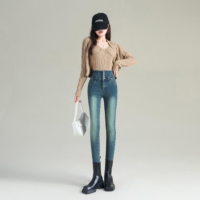 New autumn and winter women's clothing velvet jeans, thin high-waisted breasted leggings, versatile women's pants
