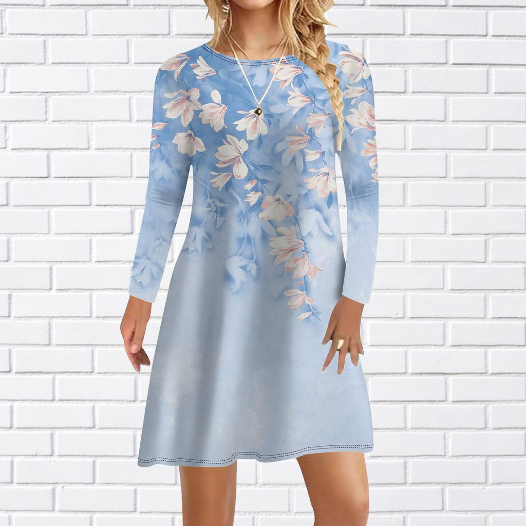 Damen Freizeitkleid Herbst Schöne weiße geschwungene Blumen Print Kleider für Frauen O-Ausschnitt Kurzarm Kleid Plus Size