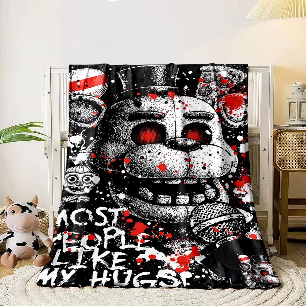 

A bear-like character with a top hat, red eyes, splatter effects, and text. for all seasons blanket lunch break throw gift 80cm x 120cm