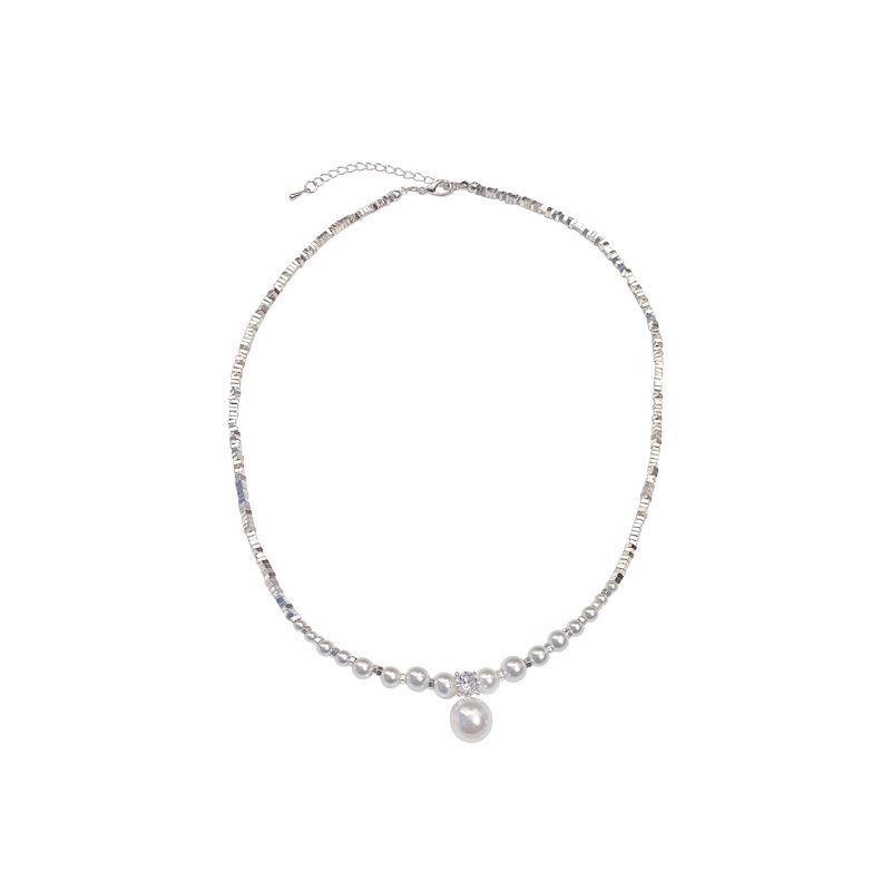 Silver Pearl Beaded Pendant Necklace - Elegant Sweater Chain for Women