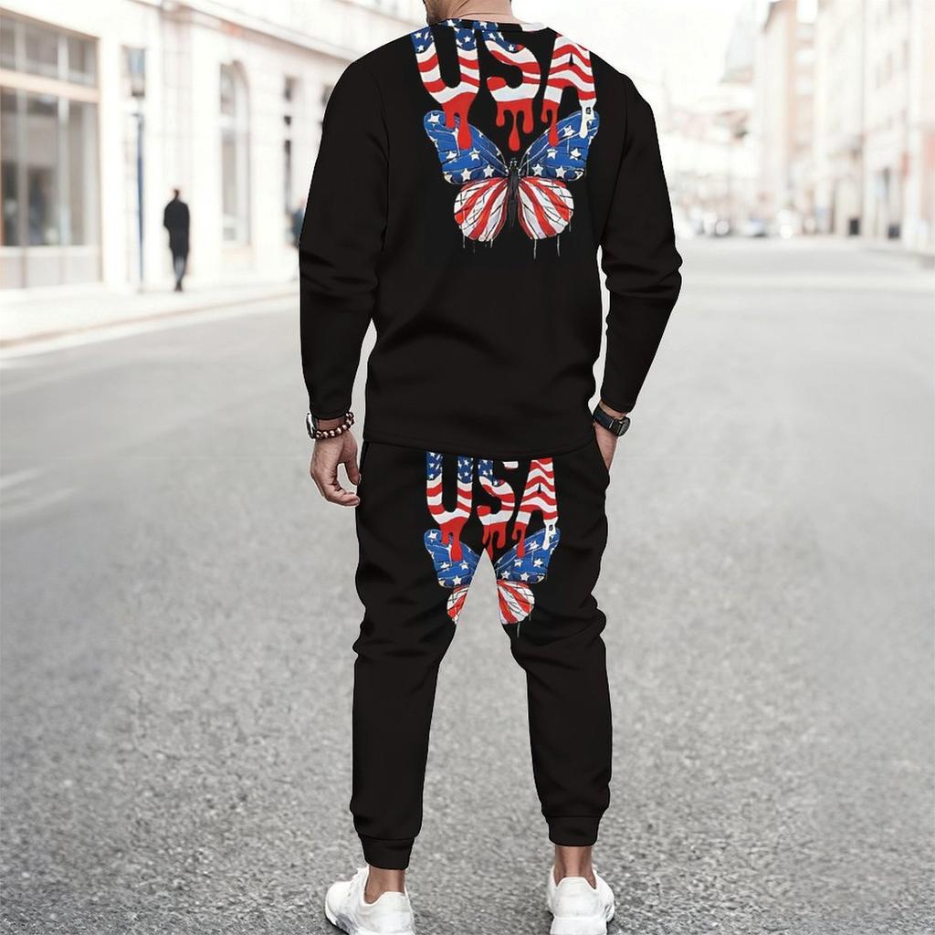 Men Split Usa Flag Star Floral Hand Print Long Sleeve Sweatshirt And Drawstring Jogger Pants Two Piece Suit
