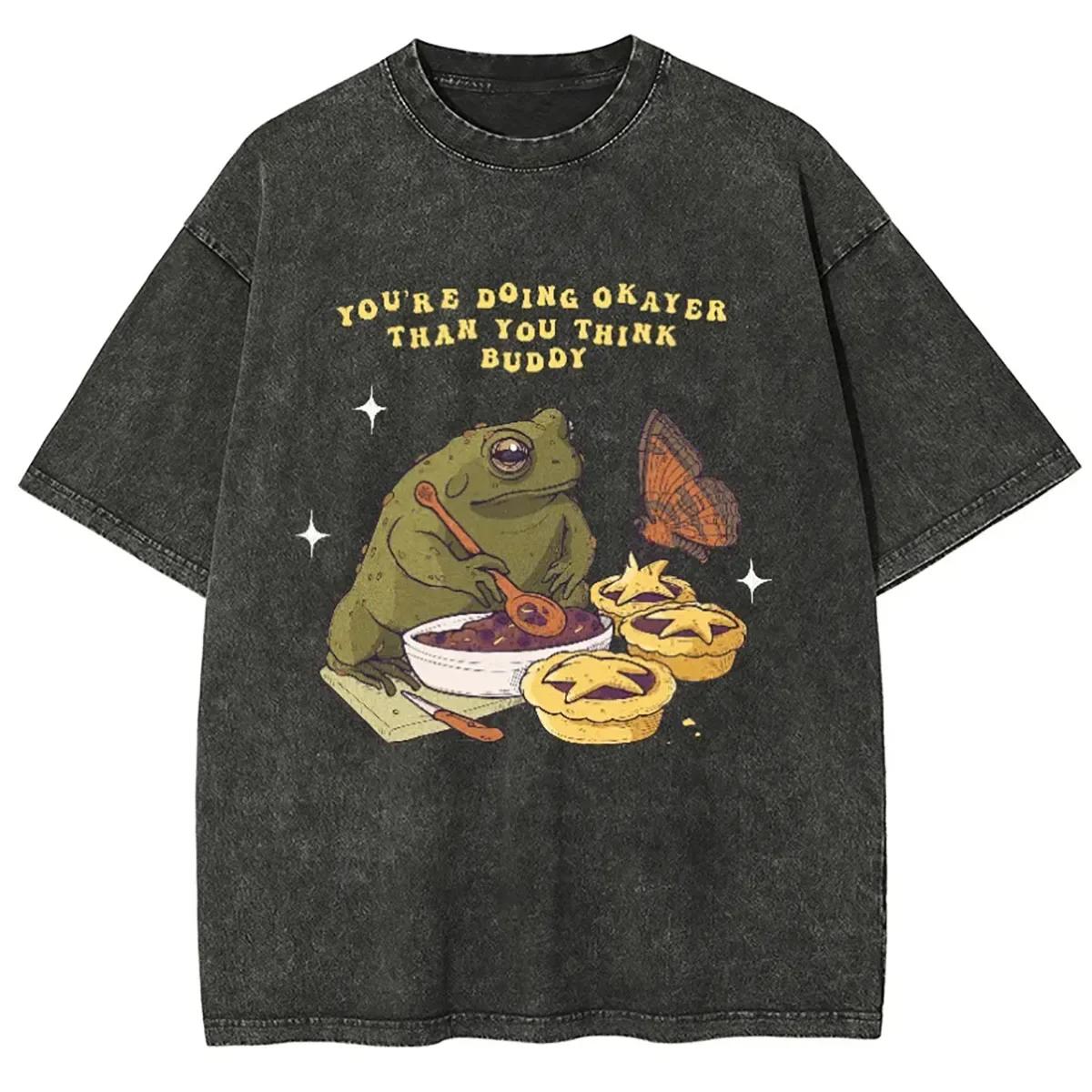 New Fashion Y2K Frog Cooking Men Women Unisex Harajuku Vintage Washed T-Shirt Ropa Hombre Streetwear Retro Cotton T Shirts S