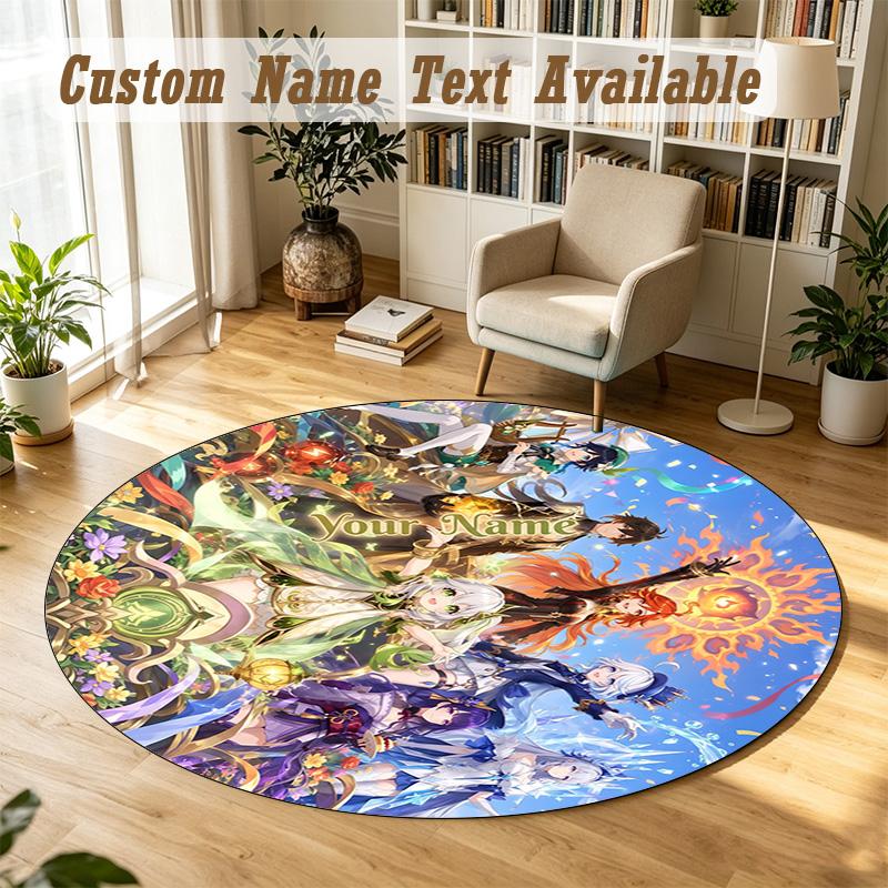 Genshin Impact Personalized Round Rug Support Custom Name, Soft Home Decor Mat