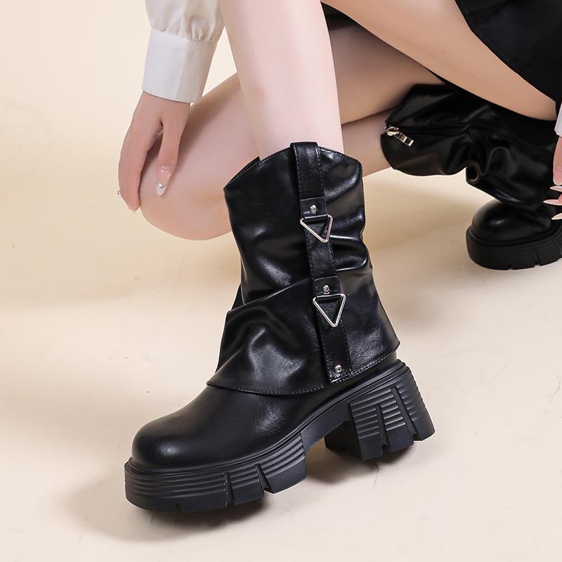 

Platform Women Ankle Boots High Heels Fashion Leather Shoes Woman 2025 Trend Winter Casual Goth Walking Elegant Punk Femme Shoes 35 чорний