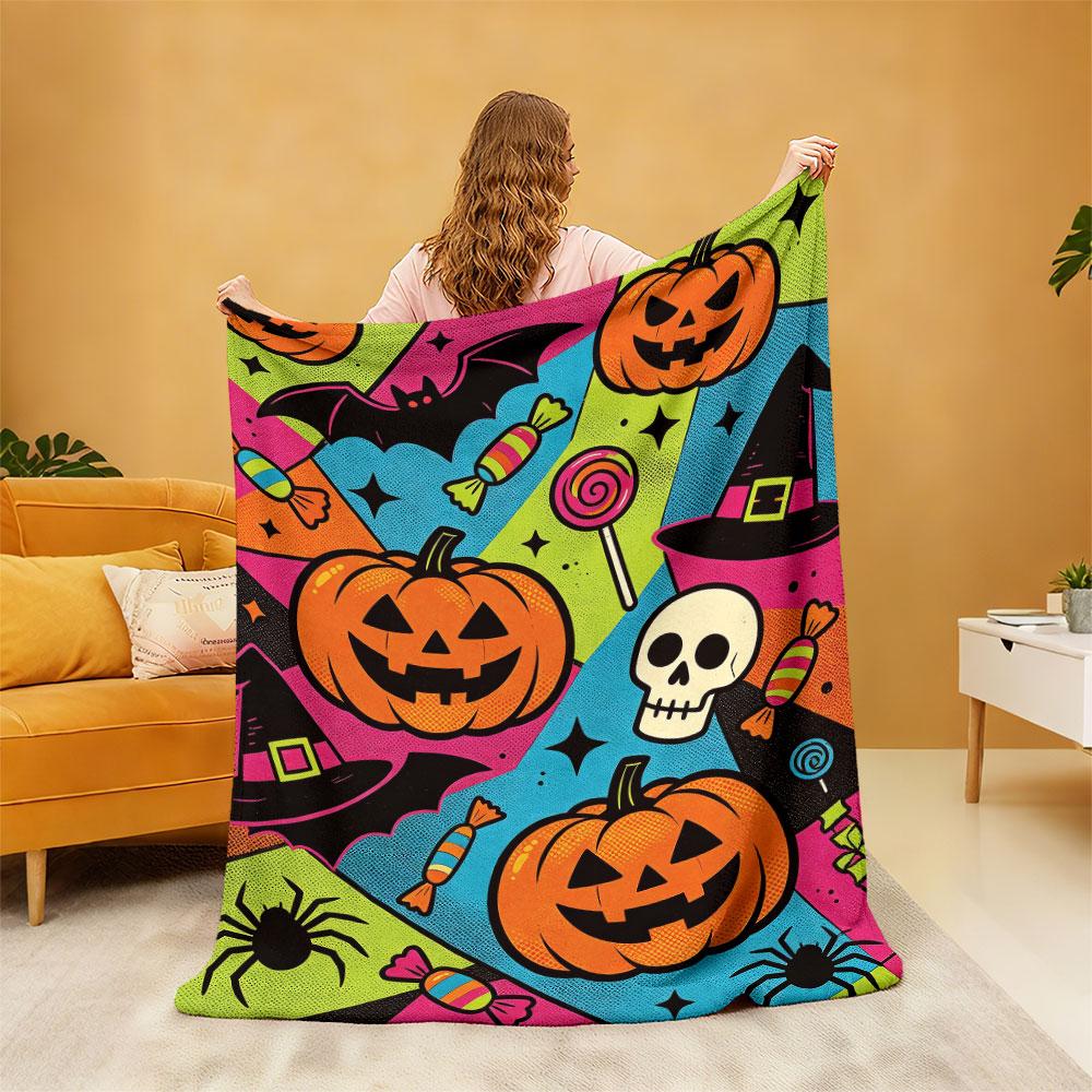 1pc Halloween Pumpkin Skull Bat Spider Print 230g Flannel Blanket, Soft Comfortable Throw Blanket For Sofa Lounge And Daily N
