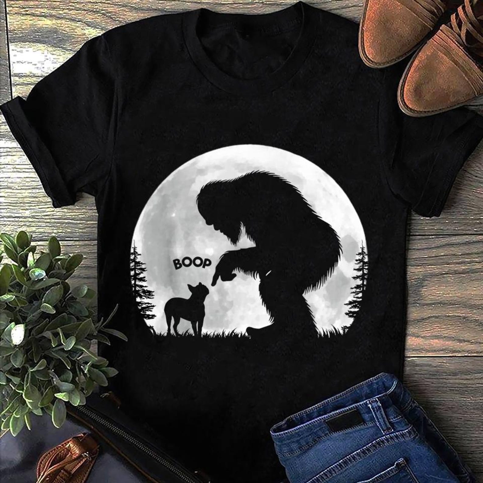 Fun Hand Boop Nose Bigfoot Sasquatch Boston Terrier Full Moon Bigfoot T-Shirt - Gift for Boston Terrier Lovers - Funny Boston Terrier Shirt S