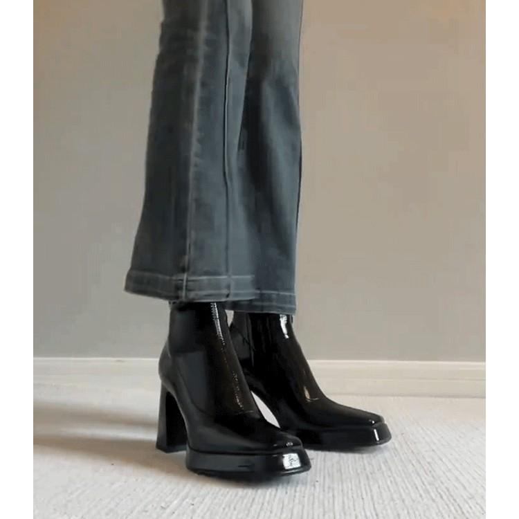 Spot French High-heeled Short Boots Women's 2025 Autumn and Winter New Patent Leather Waterproof Table Square Head Side Zipper Thick Heel Thin Boots