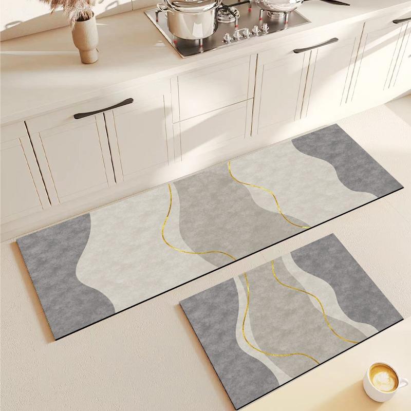 Kitchen Floor Mat Anti-slip Oil-proof Carpet Pvc Leather Foot Mats Gray Geometric Long Strip Rug Modern Style Home Decor Rugs