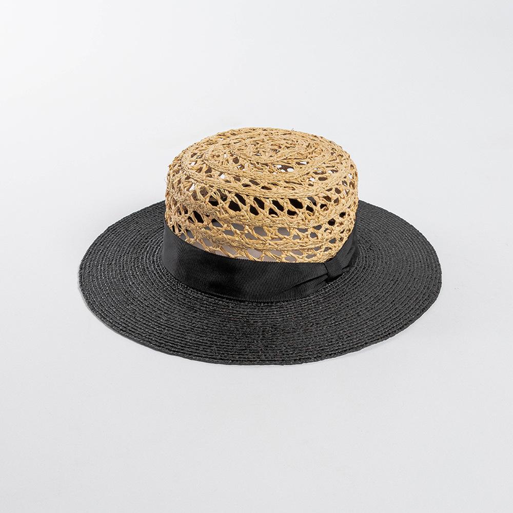 Spring and summer new fashion casual webbing bow hand-woven hollow splicing raffia flat top hat sunshade straw hat tide