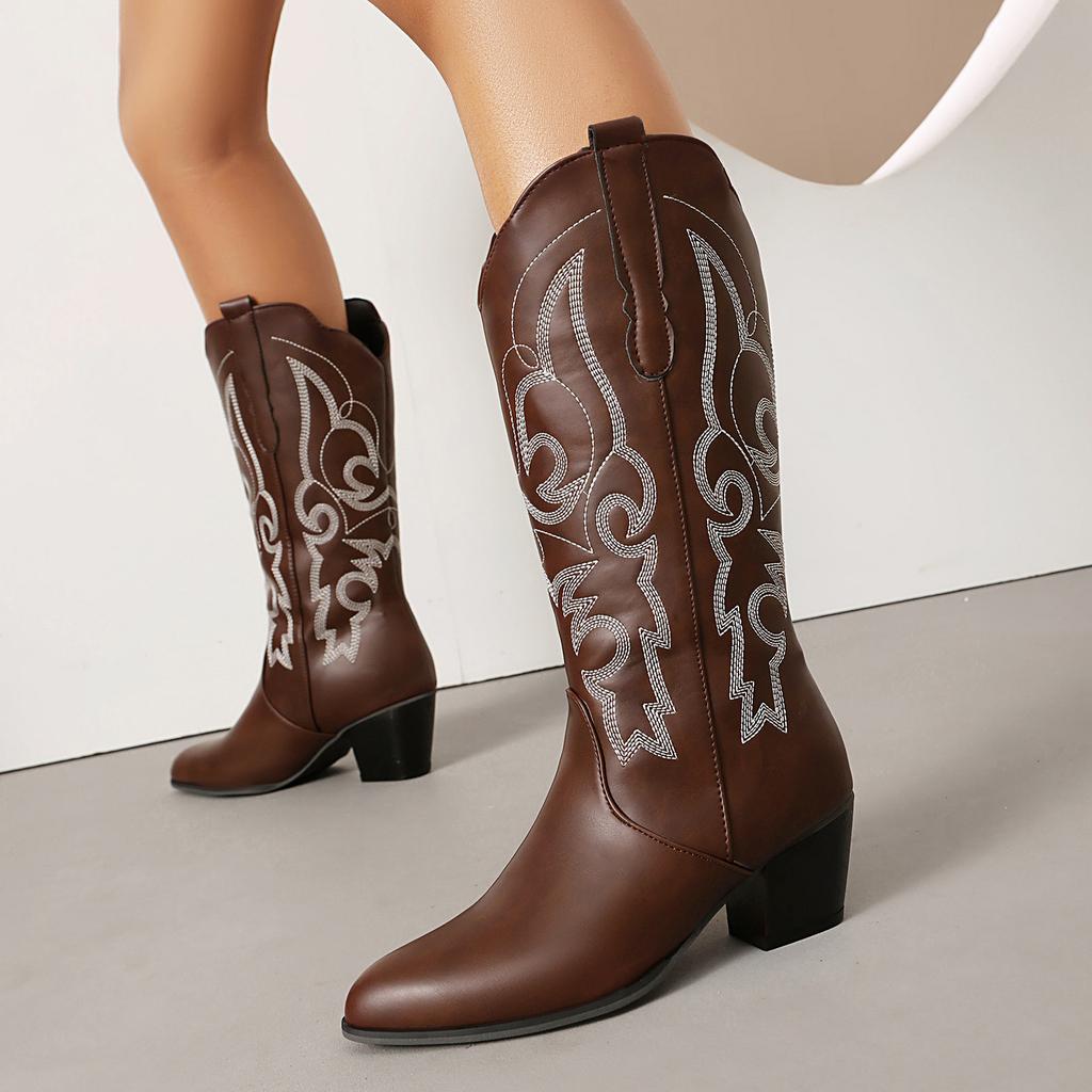 Embroidered Flower Women'S Boots Medium Tube Knight Boots Thick Medium Heel Locomotive Boots 40-48 Large Size Boots