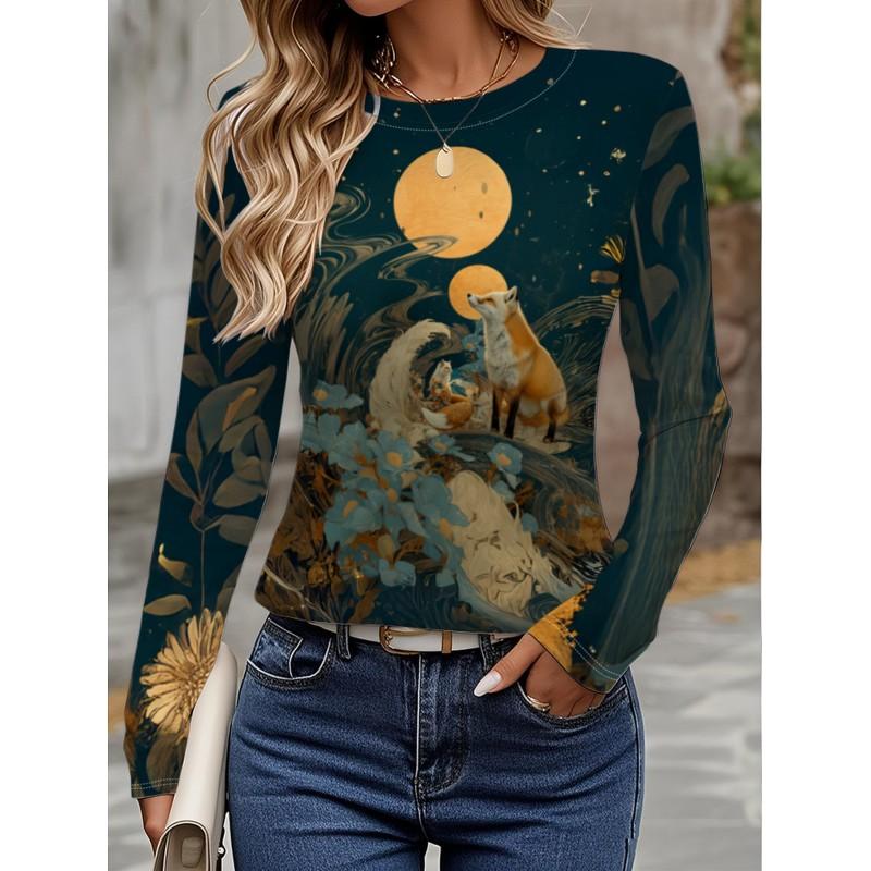 Womens Long Sleeve Crew Neck T-Shirt With 3D Flamingo Print Soft Milk Silk Fabric Loose Fit Casual 2025