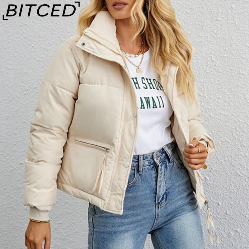 BITCED Women's Short Stand-Collar Down-Filled Cotton Jacket Simple Oversized Fit Zip-Up Puffer Coat Cotton Outerwear
