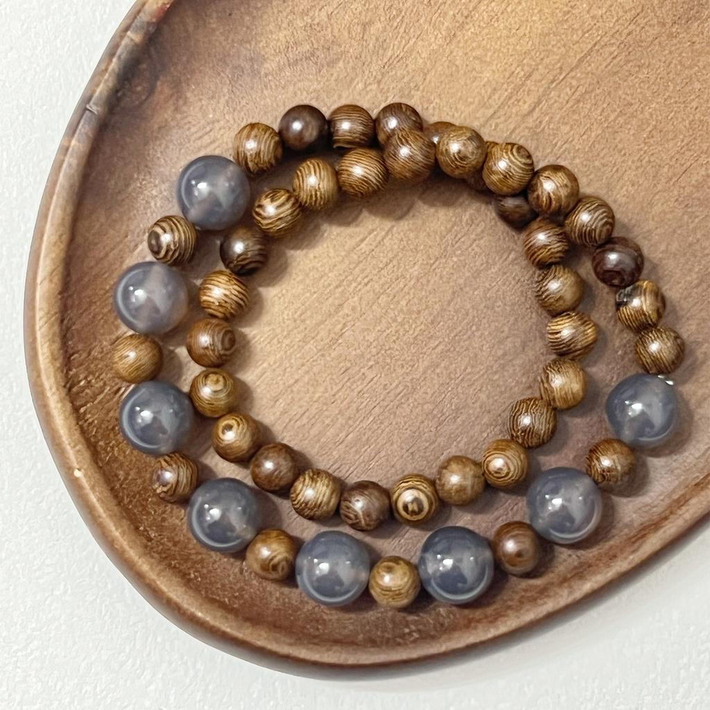 Double Layered Wooden Bracelet with Natural Agate Stone for Men 8mm Round Beads Bangle Multilayered Wristbands