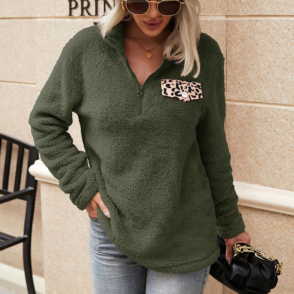 Women's Fashion Stand Collar Zipper Plush Jacket Leopard Print Stitching Loose Plush Sweater