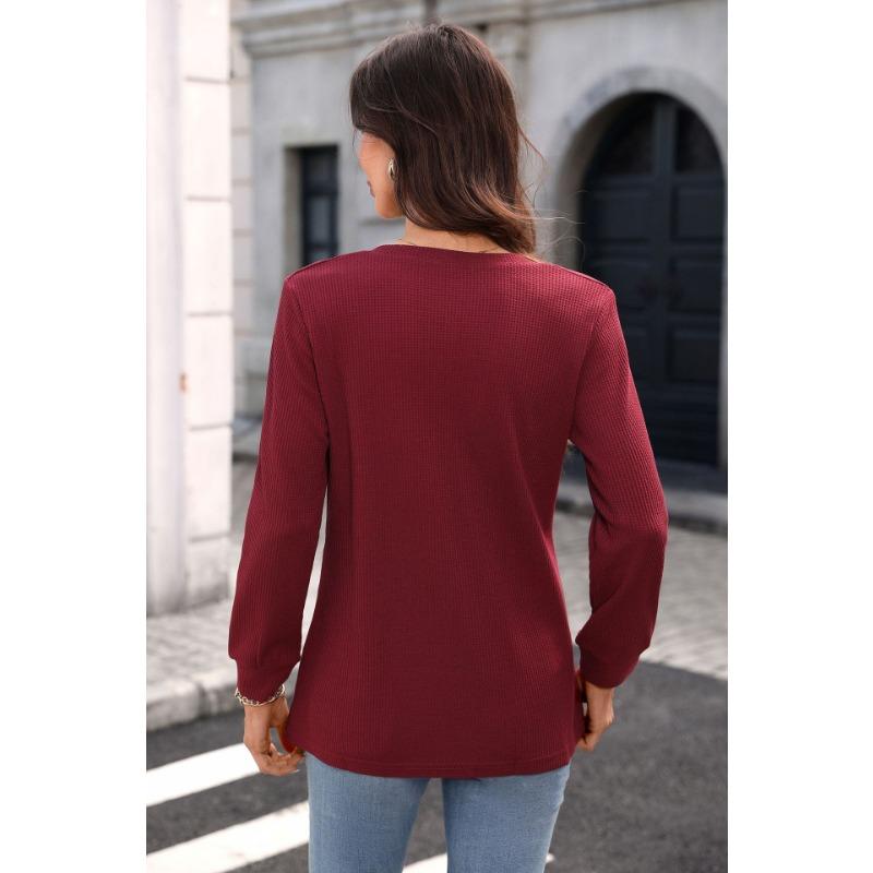 Damen Unifarben V-Ausschnitt Knopf Waffelstrick Langarm Locker T-Shirt