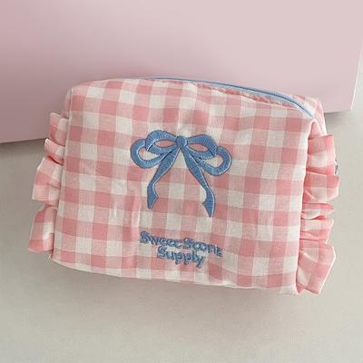 Karierte Make-up-Tasche Plissierte Kulturtasche Ästhetische Make-up-Aufbewahrungstasche Großes Fassungsvermögen Bestickte Schleife Kosmetiktasche für Frauen Mädchen