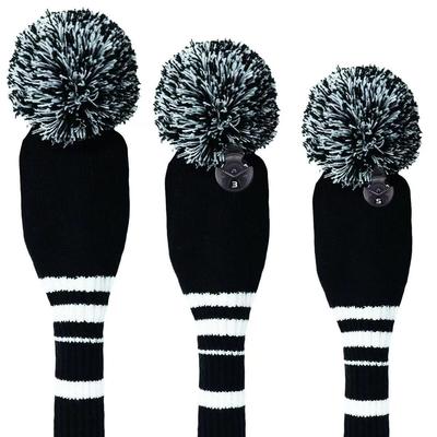Striped Golf Club Headcovers - Set of 3 Knit Protective Covers for Woods (1/3/5) with Pom Pom Design.