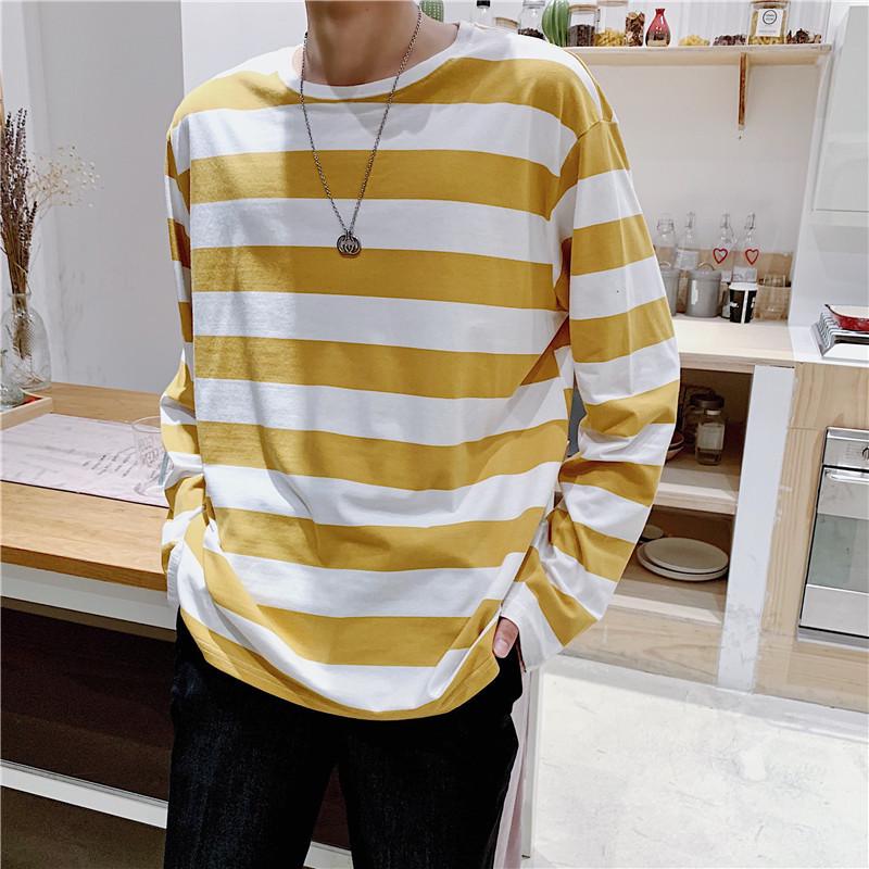 "Unisex Trendy Black & White Striped Long-Sleeve Crew Neck T-Shirt"