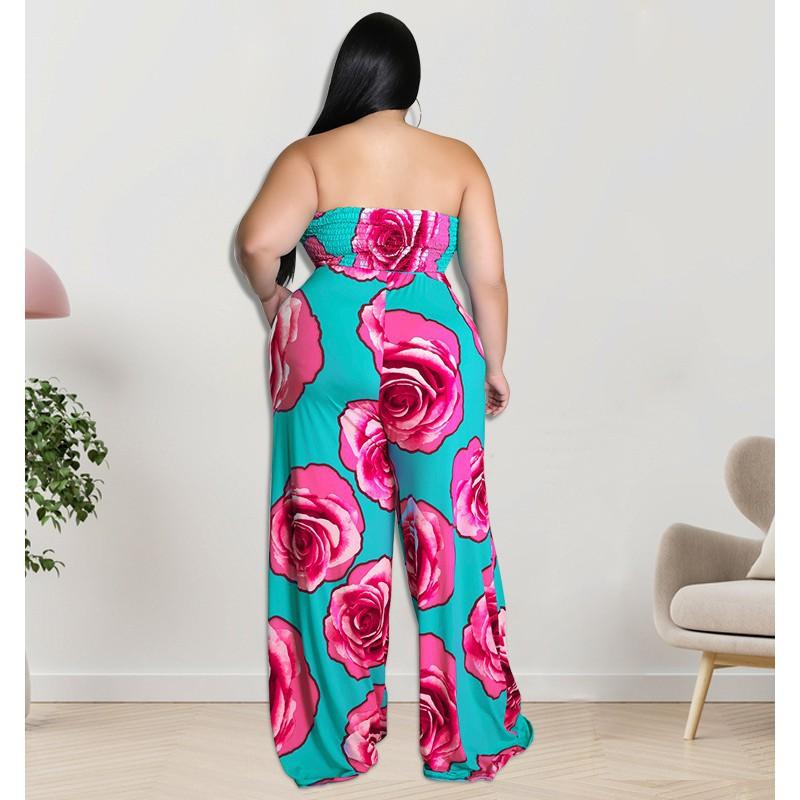 MY900 Plus Size Womens Sleeveless Knit Jumpsuit With Floral Print Rose Red Blue Breathable Milk Silk Fabric Straight Leg 2025 Collection