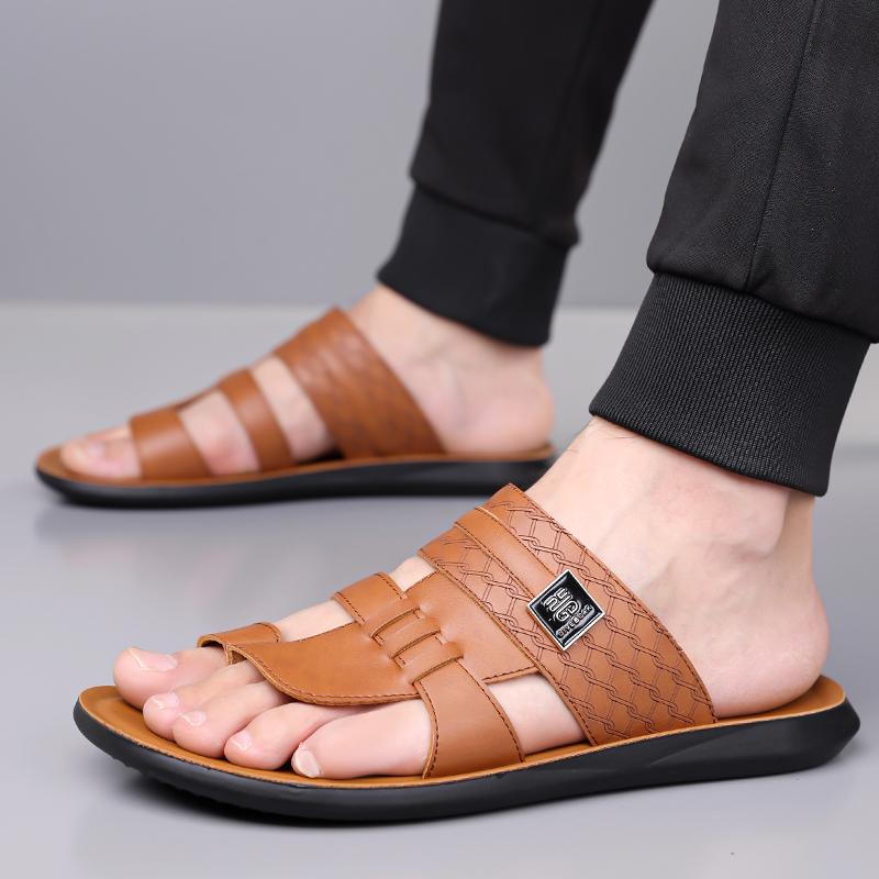 Men Black Leather Slippers Handmade Simple Flats Summer White Outdoor Roman Sandals Brown Open Toe Beach Shoes Plus Size