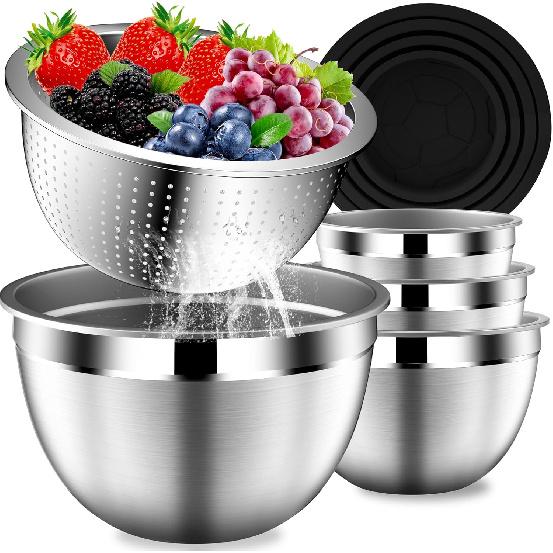 Mixing Bowls with Lids Set, Stainless Steel Mixing Bowls with Colander, Strainer with Mixing Bowl Set, Kitchen Gadgets Bowl Christams Gift, Size 4,