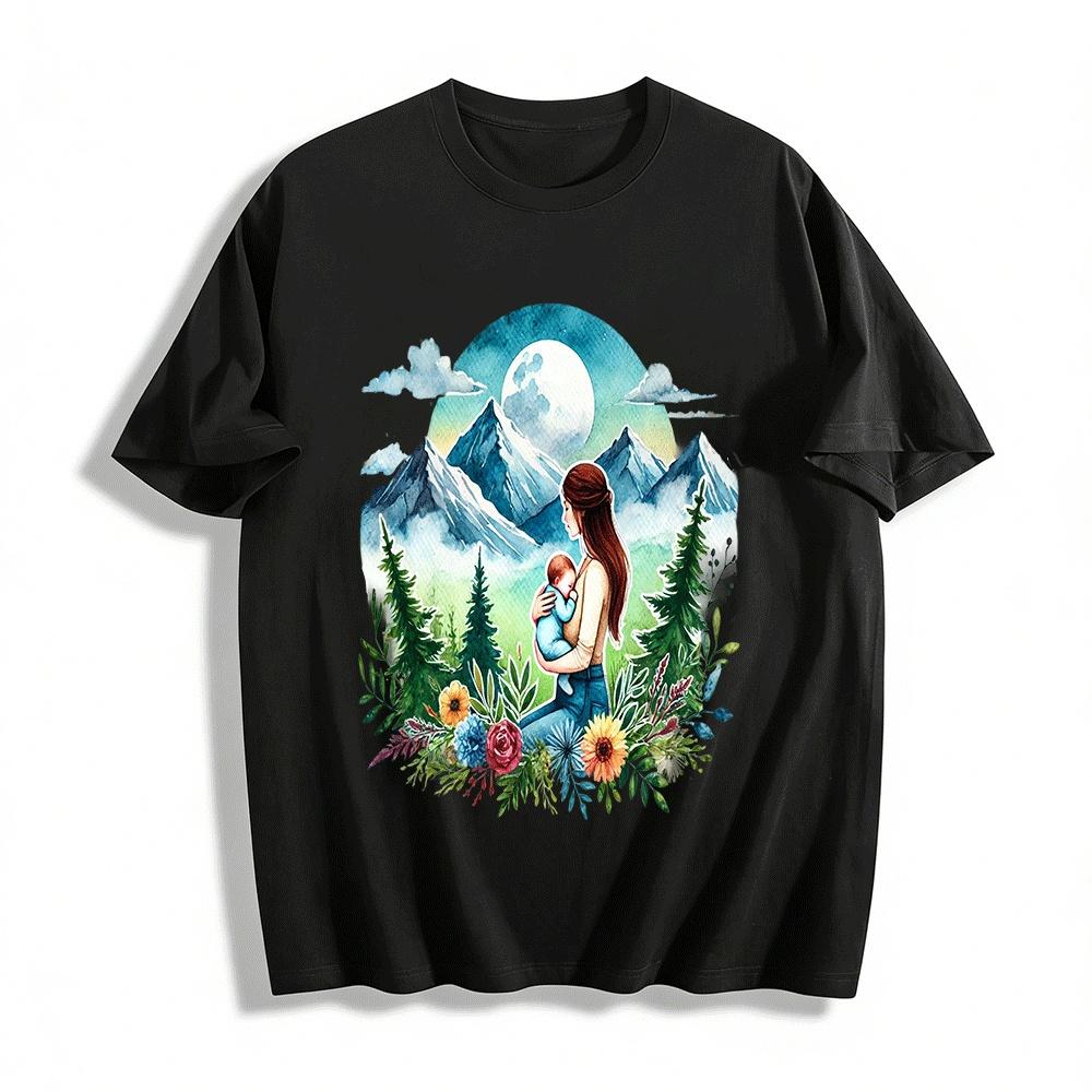 Scenic Mountain Mother Holding Baby Graphic Casual Top Pure cotton T-shirt XXS