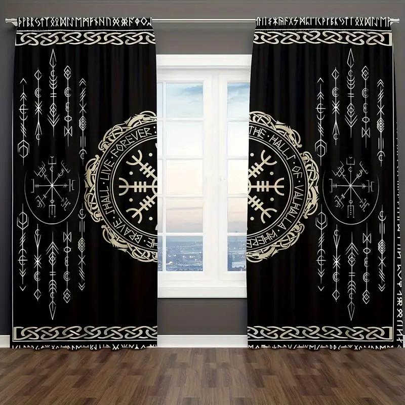 JIT 2pcs Rune Pattern Blackout Curtain   Viking Design   Room Darkening   Polyester   Home Decor   Rod Pocket Window Treatment