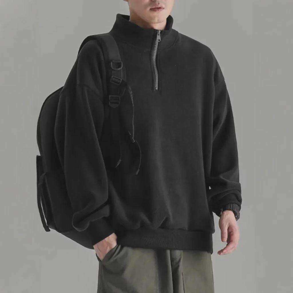 Herren-Sweatshirt im japanischen Retro-Stil mit halbem Reißverschluss und Stehkragen – doppelseitiger Samt, einfarbig für Frühling und Herbst.