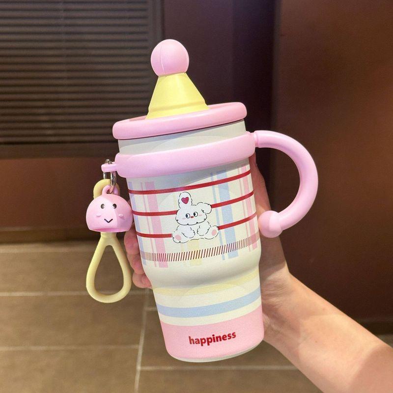 Large-Capacity Thermos Cup for Girls, High-Looking 2025 New Model, Cute Straw Water Cup, Office Portable Coffee Cup Peach Powder (650ml) 650ml
