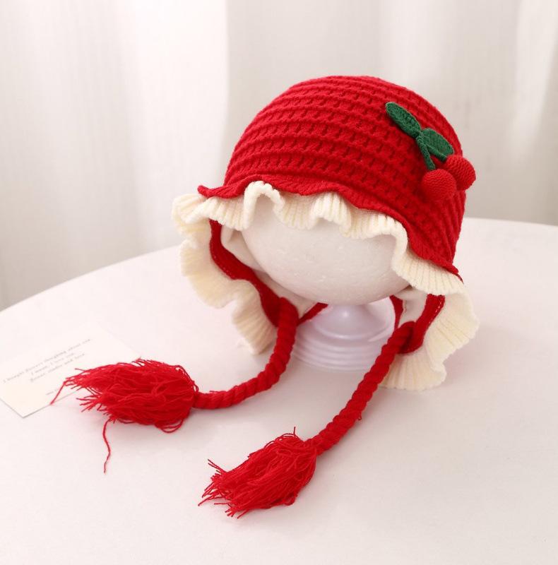 Cozy Cherry Princess Knitted Baby Hat with Ear Protection - Perfect for Autumn and Winter