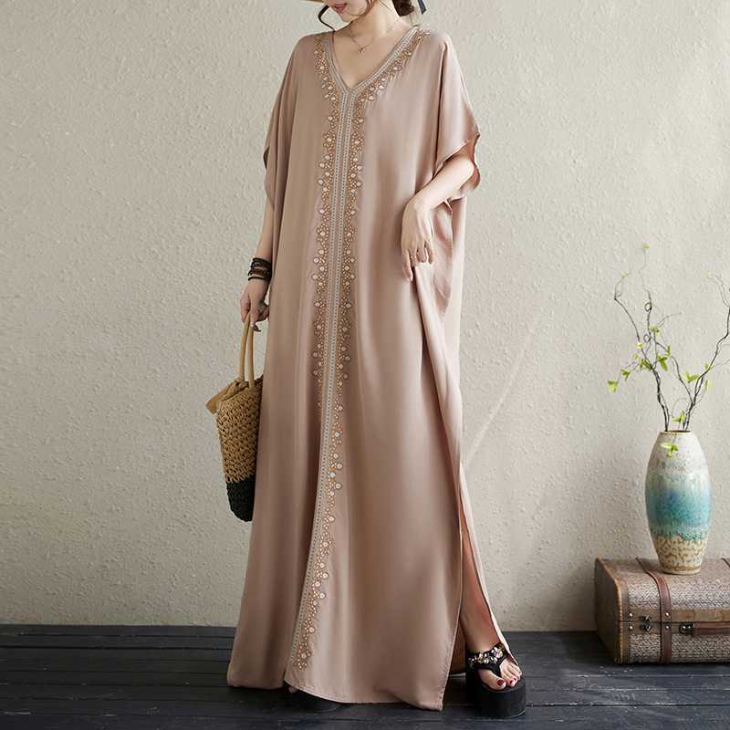 

Женское платье больших размеров с винтажной вышивкой и V-образным вырезом, рукавами «летучая мышь», макси-платье, летние свободные пляжные платья в стиле бохо для отдыха One Size