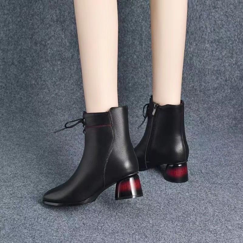 Soft Leather Martin Boots Women's Cotton Shoes Comfortable Short Boots Single Boots Warm Autumn and Winter Middle Heel Women's Shoes Velvet Thick
